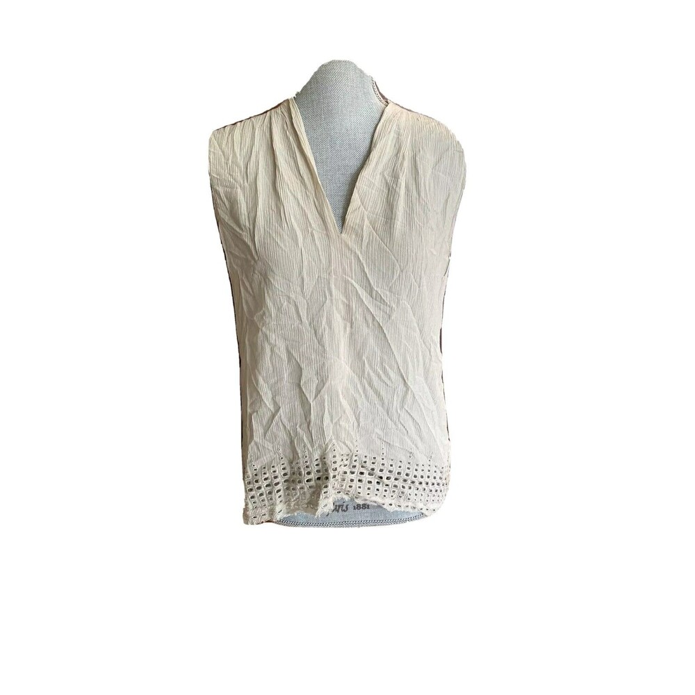 Elie Tahari Women's V Neck Sleeveless Blouse Tan Eyelet